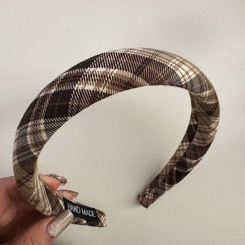 New Padded Headband Coffee Color Plaid Checkered Pattern Puffy Hair Rope Stylish Autumn Winter Women Hair Accessories Hairband