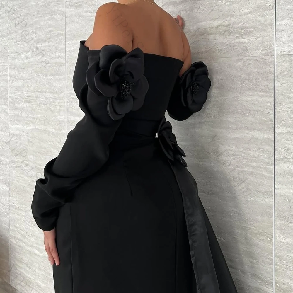 Abiti da sera a trapezio personalizzati Abito da ballo a maniche lunghe con spalle scoperte lungo fino al pavimento Abito da festa semplice drappeggiato con fiori alla moda