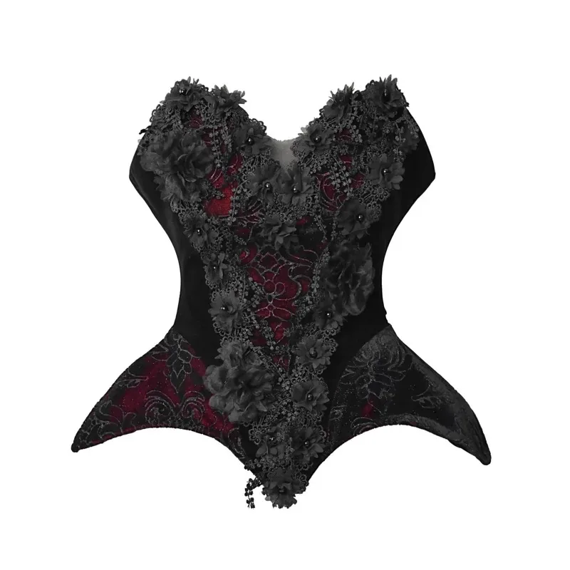 Women Gothic Strapless Velvet Corset Top 3D Floral Lace Decor Waist Cincher Bustier Back Zipper & Lace‑up for Evening Party
