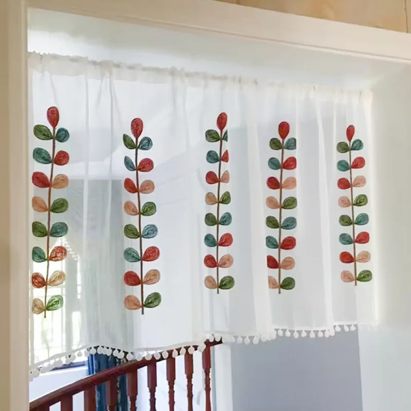 Four Color Branch Embroidered Semi Sheer Curtain Kitchen Tiers Half Window Sheer Curtains Rod Pocket Voile Drapes for Kitchen Ba