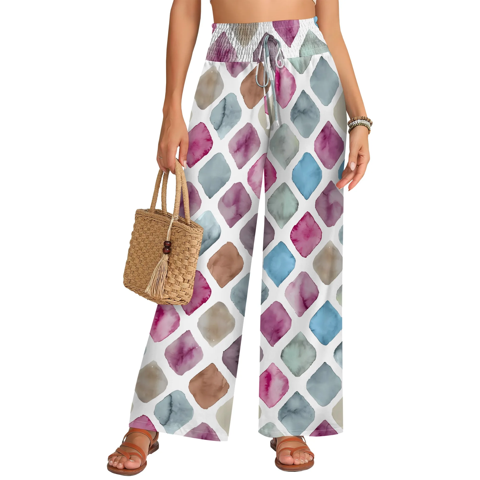 Nupusa Geometric Print Pants for Women Standard Size Summer Casual High - Waist Wide Leg Pants