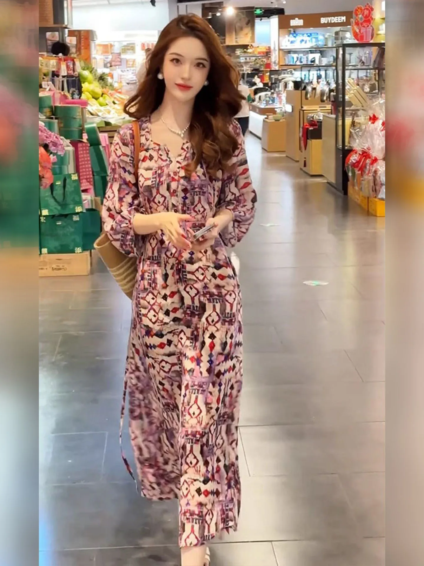 

Летняя юбка А-силуэта с принтом, высокая талия, V-образный вырез, элегантная, модная и изысканная, длинная юбка