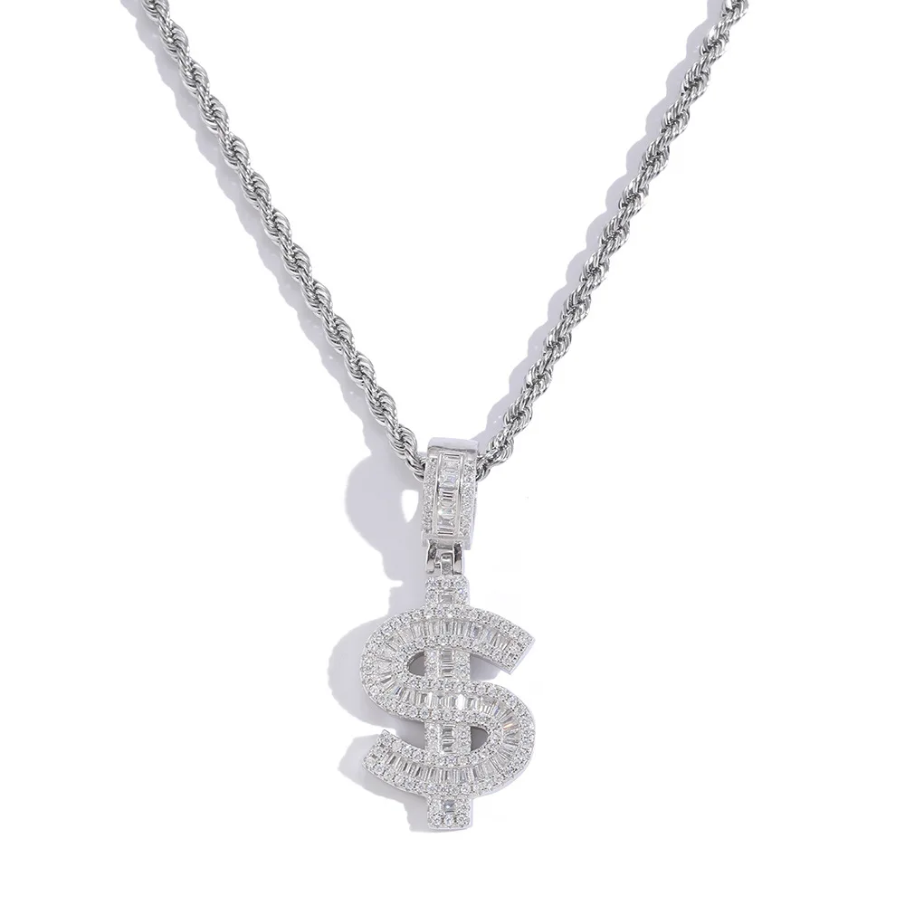 S925 Sterling Silver Hip Hop CZ Stone Paved Bling Ice Out Dollars Money Sign Pendants Necklaces for Men Rapper Jewelry