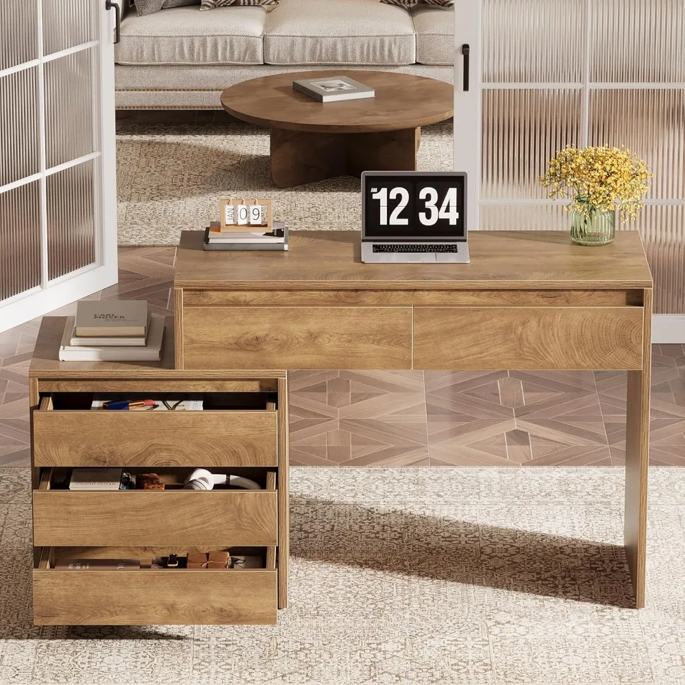 مكتب كمبيوتر مع 5 أدراج، مكتب تنفيذي للمنزل مع خزانة ملفات وحامل طابعة، مكتب خشبي ريفي صناعي لـ S #3