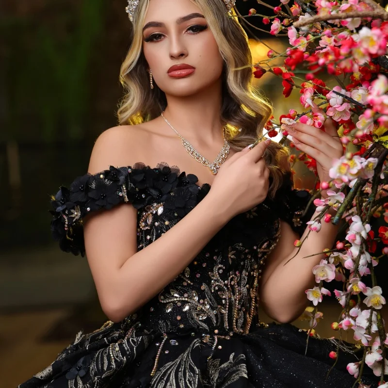 

Shiny Black Quinceanera Dresses Off the Shoulder Glitter Decal Crystal 3D Flower Long tail Vestido De 15 Quinceanera Customize