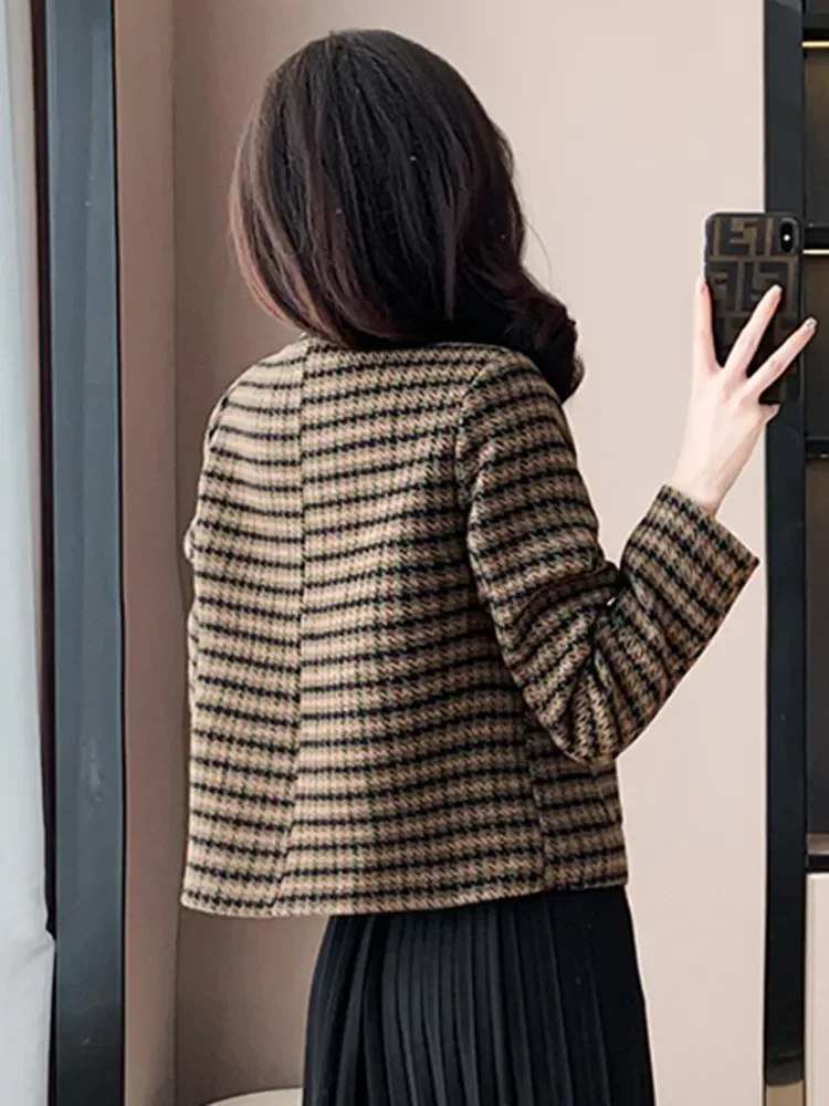 New Elegant Plaid Tweed Jacket Women Vintage Small Fragrant O-neck Long Sleeve Woolen Coat Fashion Office Lady Outwear Clothing