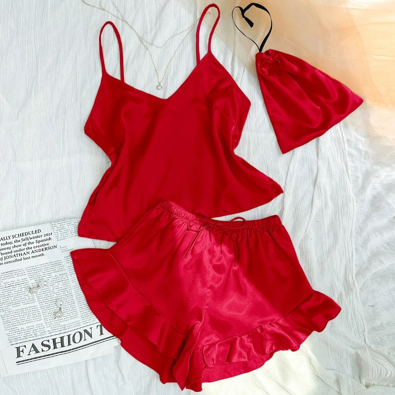 

2026 Summer New Satin Hot Sale Fine Strap Solid Color Tank Top and Shorts Two Piece Home Clothes