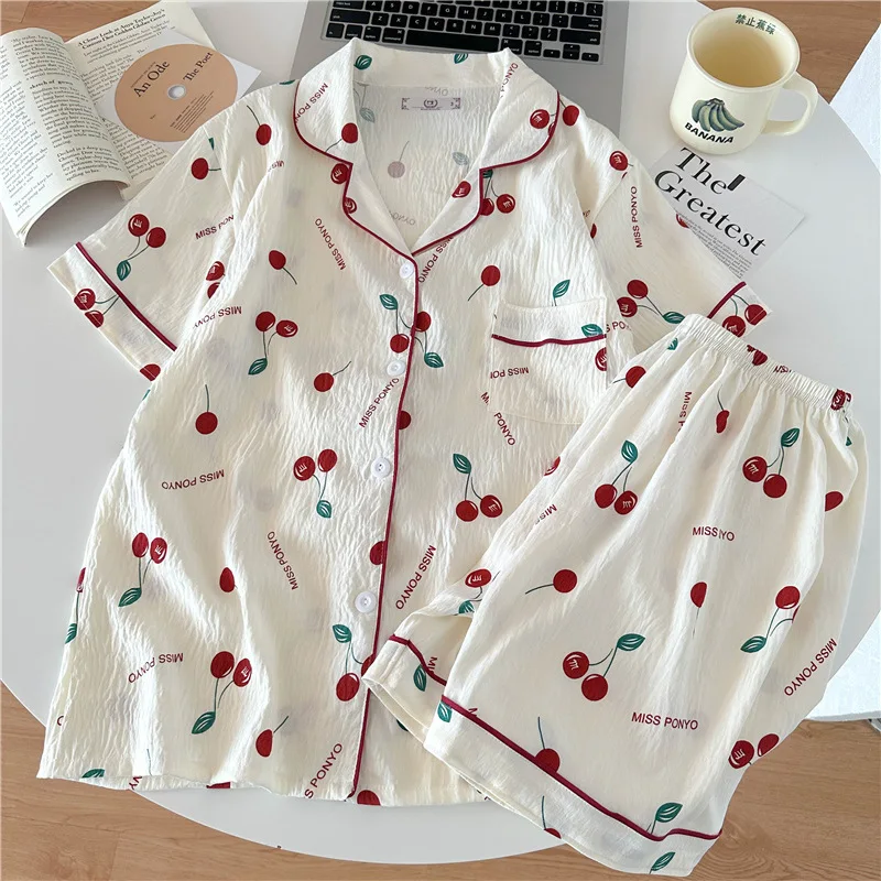 

Летний женский комплект пижамы с вишнёвым принтом: шорты и футболка с коротким рукавом, приятный к телу, мягкий, для студенток, домашняя одежда, корейский повседневный стиль, ночная одежда