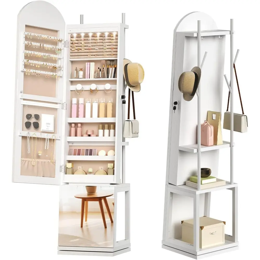 360° Swiveling LED-lit Makeup Cabinet with Storage Shelves and Arched Mirrored Doors, Lockable White