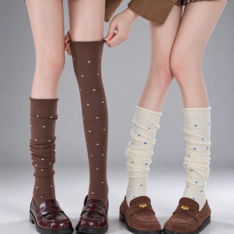 Over The Knee Socks Women Extra Long Slouch Boot Stockings Polka Dot Retro Knit Warm Soft Cotton Blend Leg Warmers High Elastic