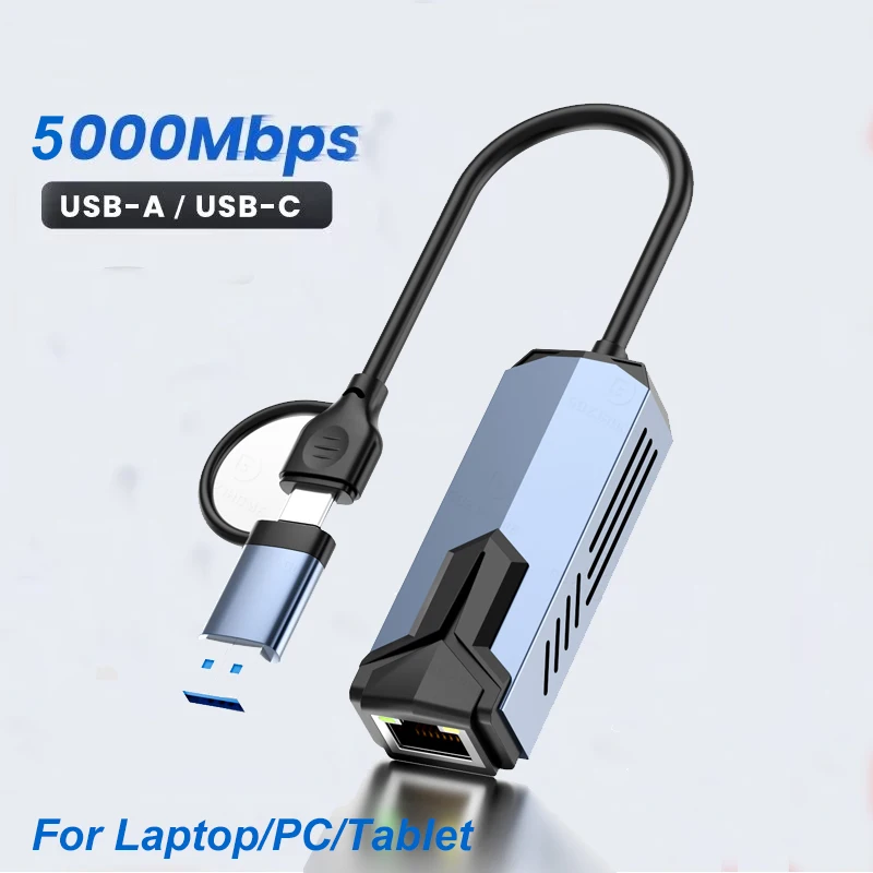 Adattatore LAN USB 5G Ethernet USB 3.2 Gen 2 A RJ45 – 5000Mbps, Doppia Porta USB-A/USB-C, Alloggiamento In Alluminio, Compatibile Con Windows, Linux, PVE E Synology