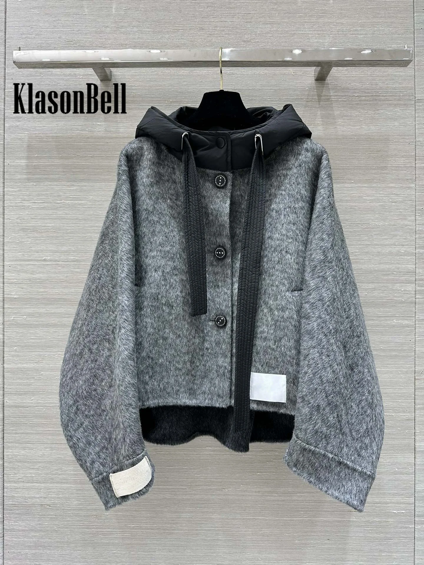 9.25 KlasonBell Women Double-Sided Wool Short Coat Vintage Down Hooded Spliced Woolen Loose Batwing Sleeve Cloak Outerwear