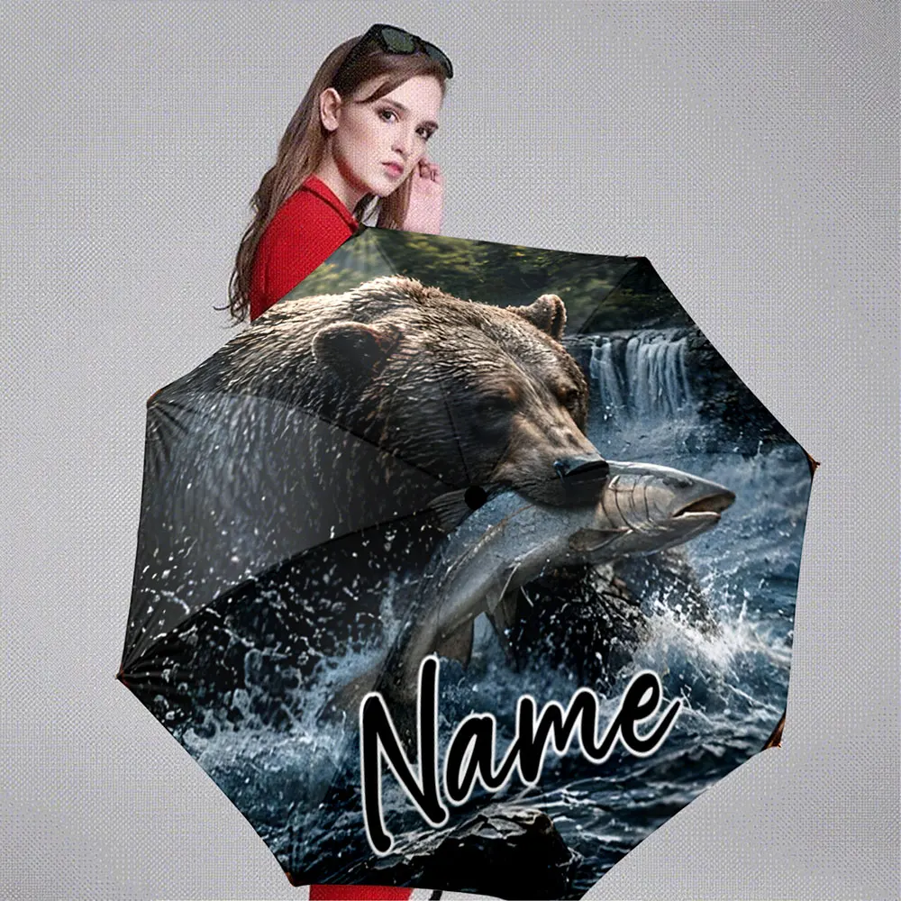 Custom Name Umbrella Brown Bear Catching Salmon in Rushing Stream 8 Iron Ribs Folding Umbrella Auto-Open Fashion Sunshade
