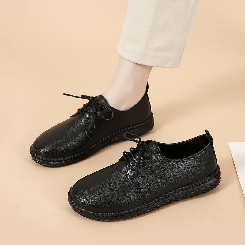 

2023 Spring Women Ballet Flats Oxford Flat Shoes Soft Leather Shoes Ladies Lace Up White Black Loafers Flats Boat Shoes