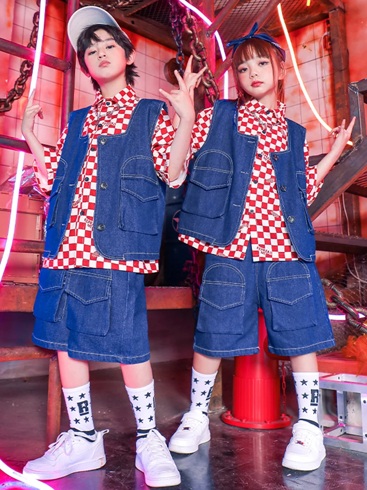 

Kids Hip Hop Performance Costume Jazz Dance Clothes Girls Boys Checked Shirt Denim Vest Shorts Street Dance Stage Wear BL10989