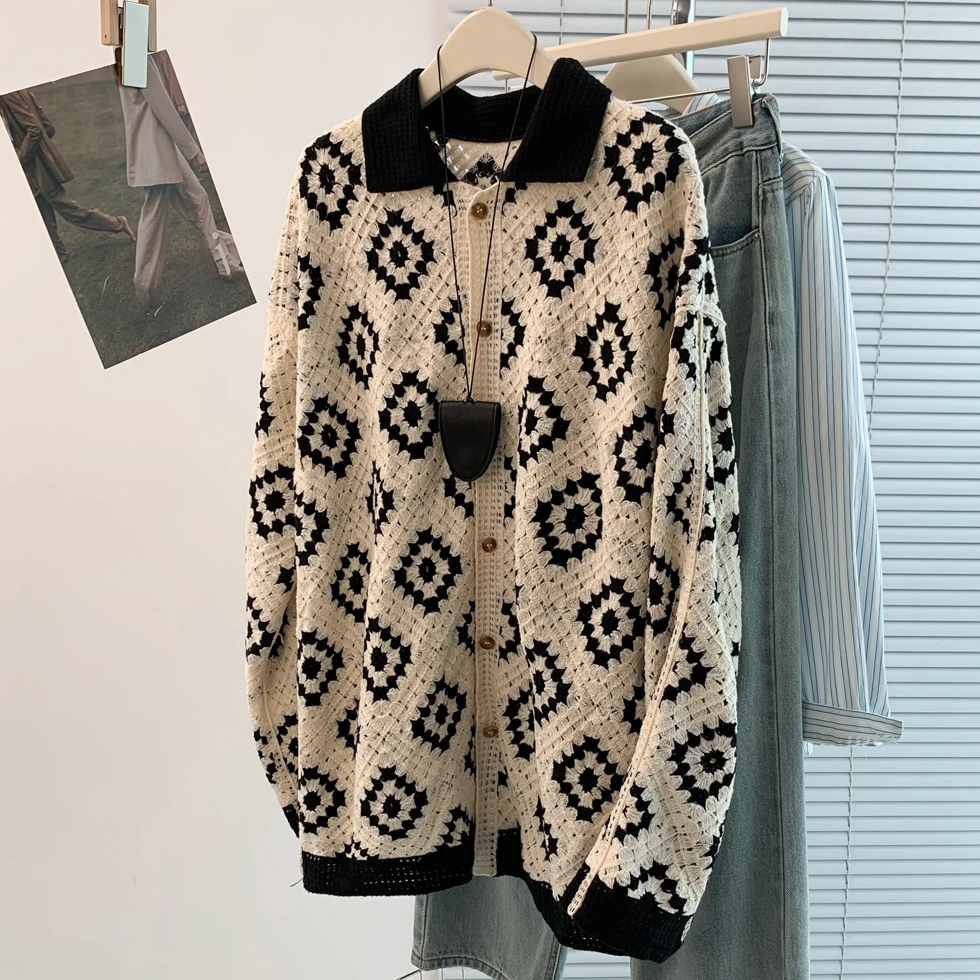 Casual Loose Knitted Cotton Tead Hollow out Diamond Pattern Open Cardigan Autumn Winter New Sle Small Fraance Sle Out...