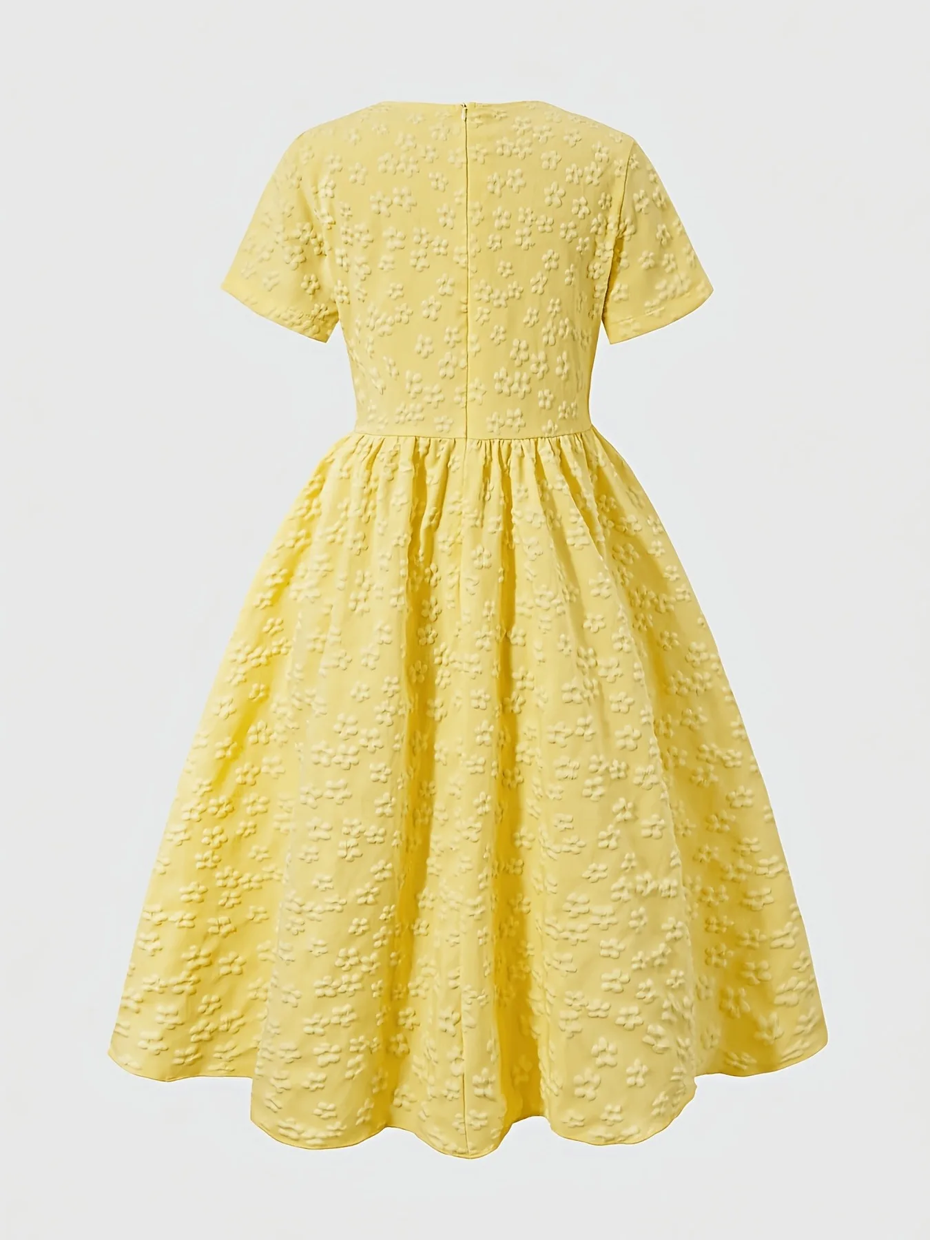 Children Round Neck 3D Flower Texture A-Line Dress Girls Short Sleeve Flowy Midi Sundress Summer Photo Shoot Daily Wear