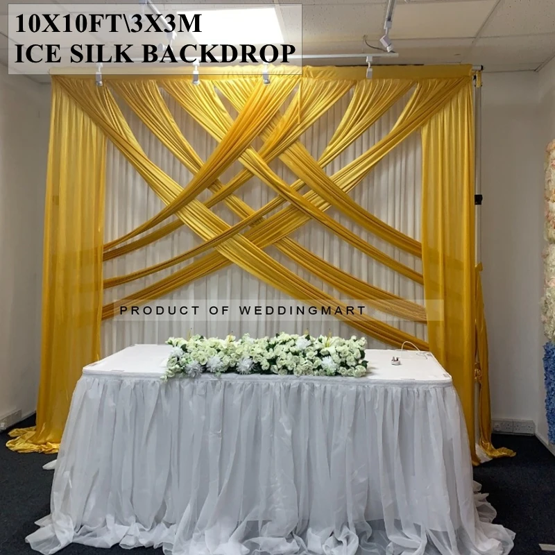 10x10ft White Ice Silk Wedding Backdrop Curtain With Crossed Top Swag Drape Poly Stage Background Event Decoration