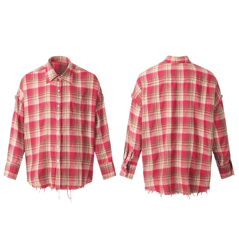 Spring Autumn Retro Washed Handmade Tassel Pink Plaid Shirt 2024ss New Loose Man Woman Best Quality Casual Long Sleeve Shirt