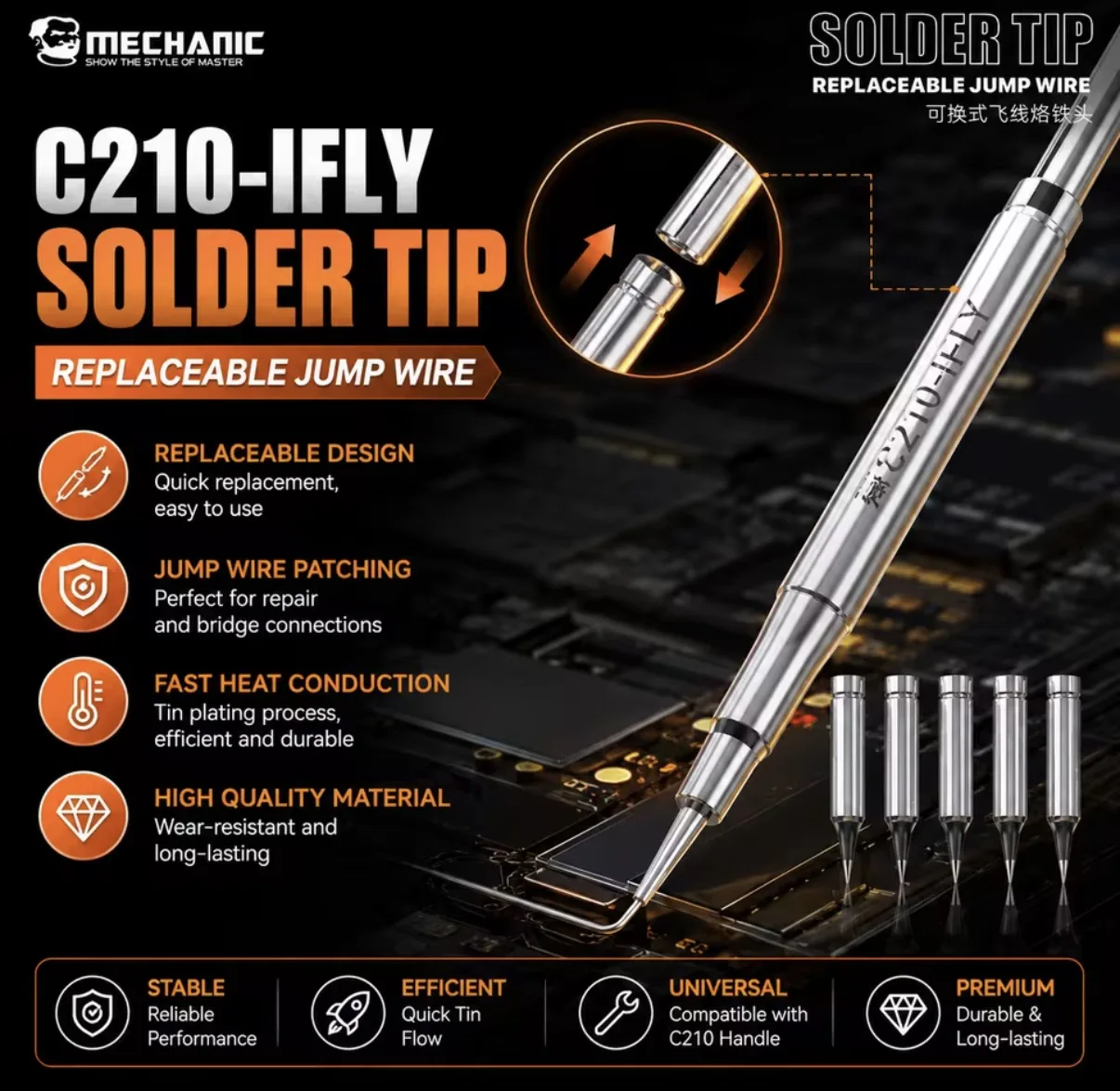MECHANIC C210-IFLY Flying Wire Specialized Pointed Fast Heating Replaceable Soldering Tip For CPU Repair Jump Wire Patching Tool
