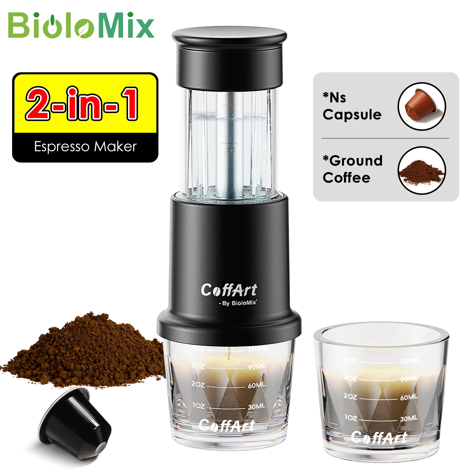 BioloMix 2 In 1 Manual Espresso Coffee Machine Hot/Cold Portable coffee Maker For NS Capsules & Ground Hand Press,hiking Camping