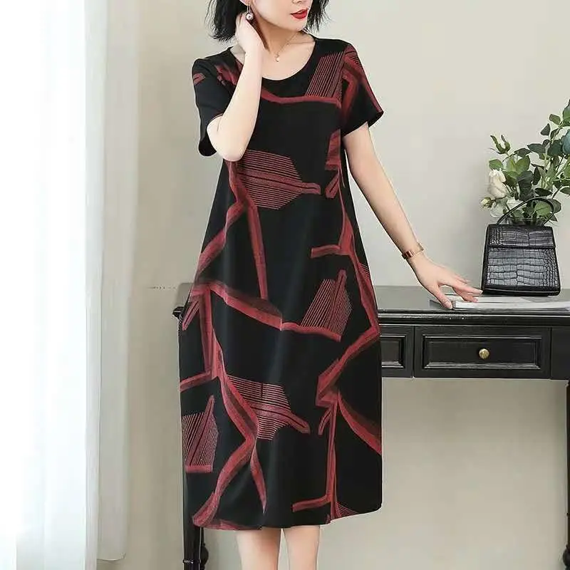 

Stylish Geometric Printed Spliced Dresses Casual Loose Summer Short Sleeve Female Clothing A-Line Vintage Round Neck Midi Dress