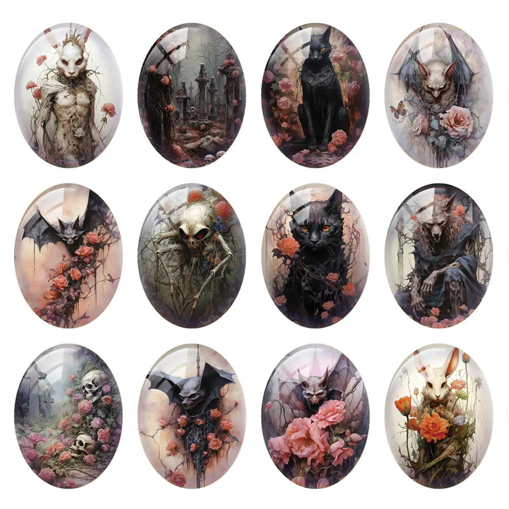 10pcs/lot Oval Photo Glass Cabochon Gothic Darkness Skull Wolf Cat Flatback Charms Demo Flat Back Cameo For Diy Jewelry Making