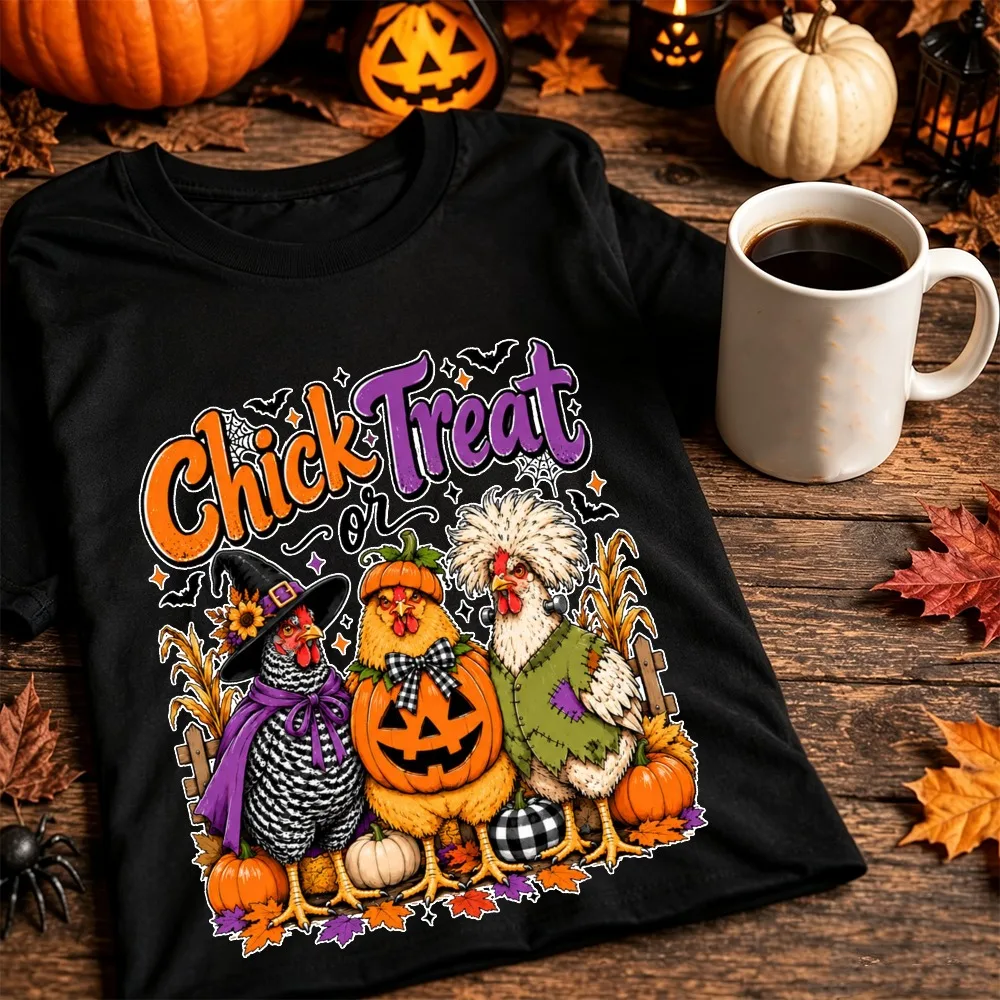 Chick or Treat Halloween Chicken Graphic T-Shirt Cotton Short Sleeve Unisex Men Women Spooky Farmhouse Funny Witch Pumpkin Gift