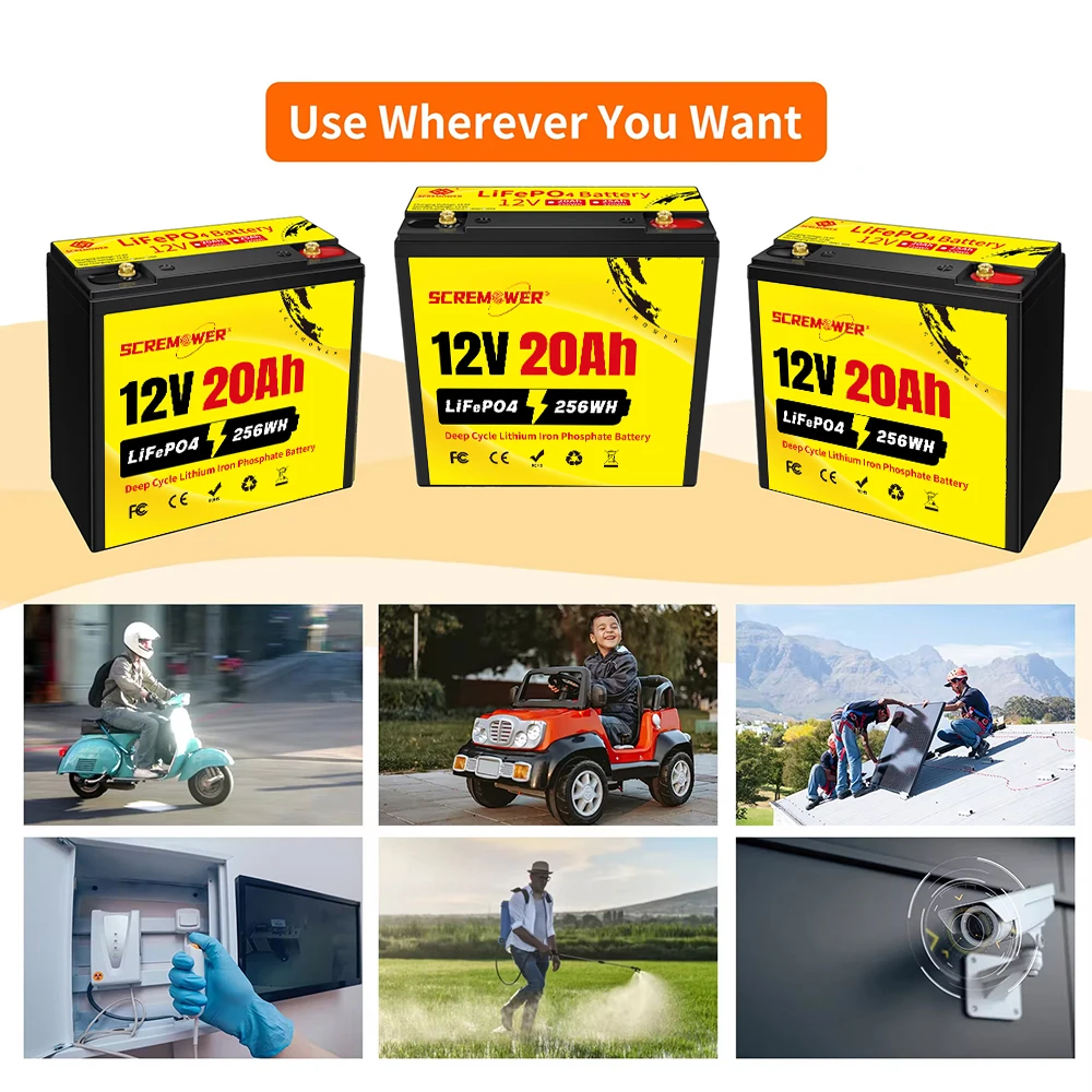 12V LiFePO4 Battery 20Ah Deep Cycle Chargeable Lithium Battery with BMS for Fish Finder, Power Wheel, Boat, Emergency Lighting