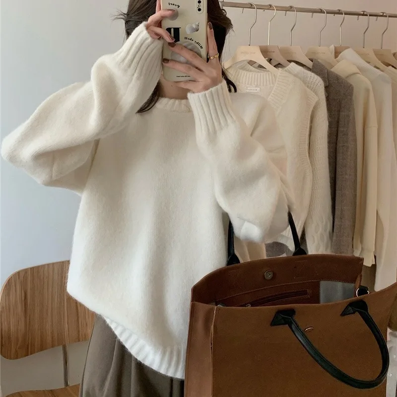 

Women Knitting Sweater 2025 Autumn Winter Solid Color Knitwear Women's Japanese Loose Crew Neck Thickened Lazy Sweater