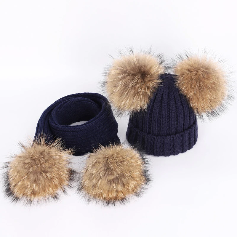 Real Raccoon Fur Balls Kids Knitted Hat Scarf Sets Autumn Winter Thicken Warm Boys Girls Hat Bib 2Pcs Suits
