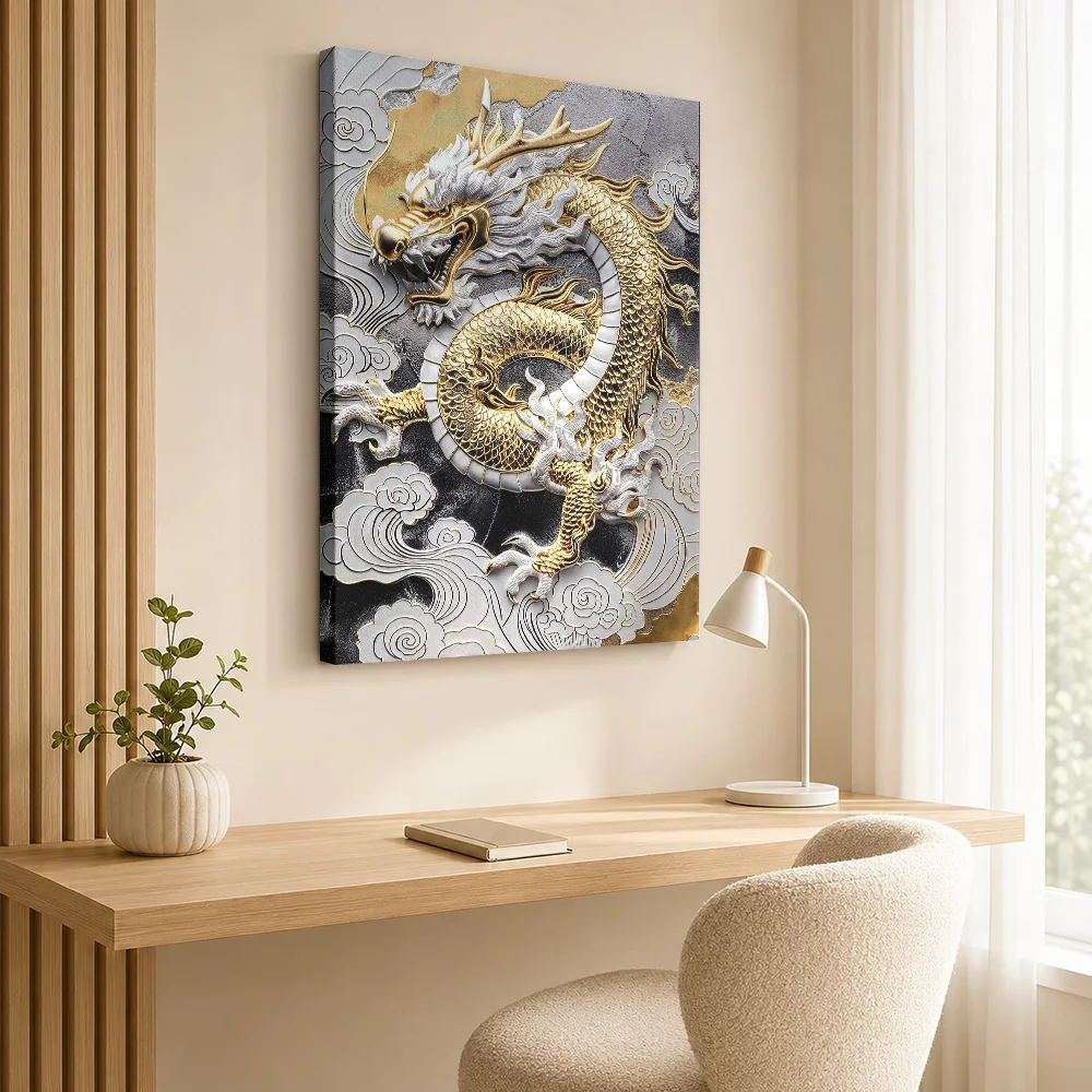 Gold Asian Dragon Majesty Canvas Poster Custom Photo Japanese Inspired Wall Paintings Decoration for Living Room Ready to Hang