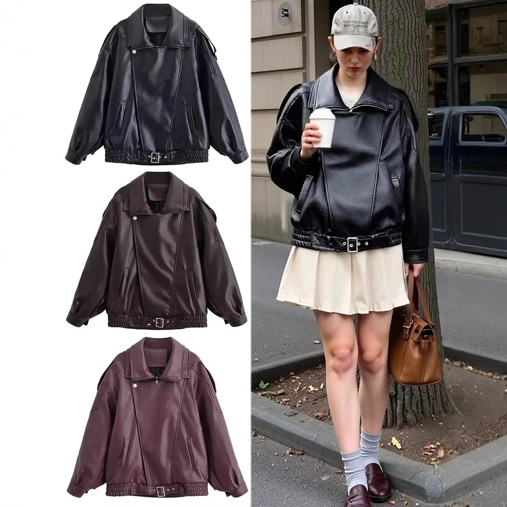 Herbst Vintage Mode Lose Vielseitige Biker Jacke Stehkragen Warme Beiläufige Gerade Outwear frauen Leder Motorrad Mantel