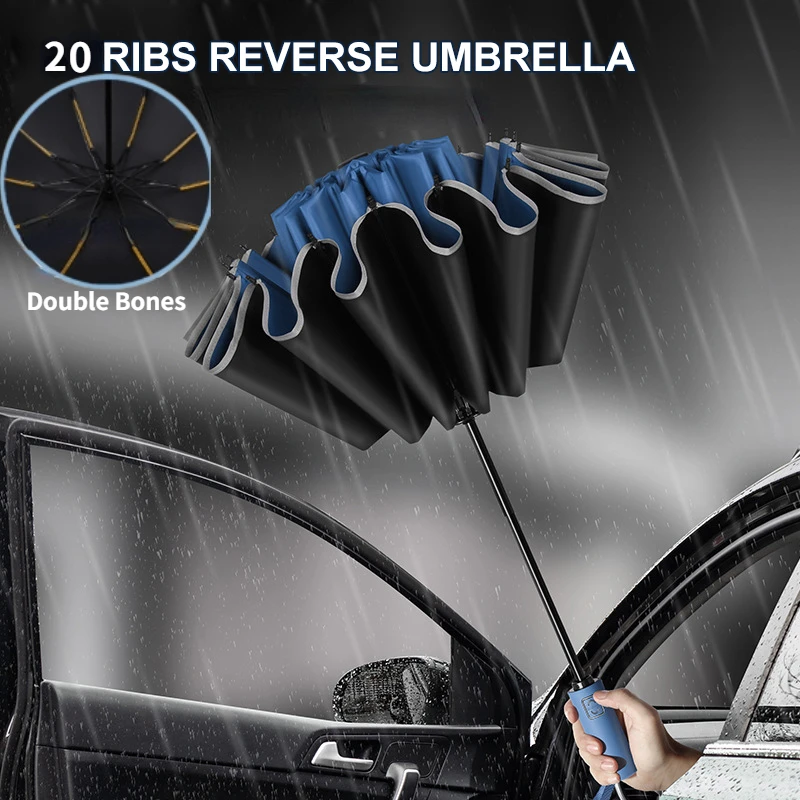 Parapluie pliant inversé entièrement automatique pour hommes et femmes, avec bande réfléchissante coupe-vent, UV