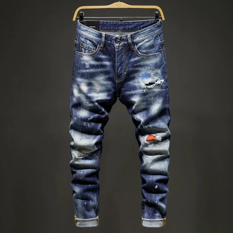 Men Retro Streaky Blue Sand‑Wash Multicolor Patch Distressed Hole Elastic Slim Denim Jeans Urban Punk Casual Fashion Denim Jeans