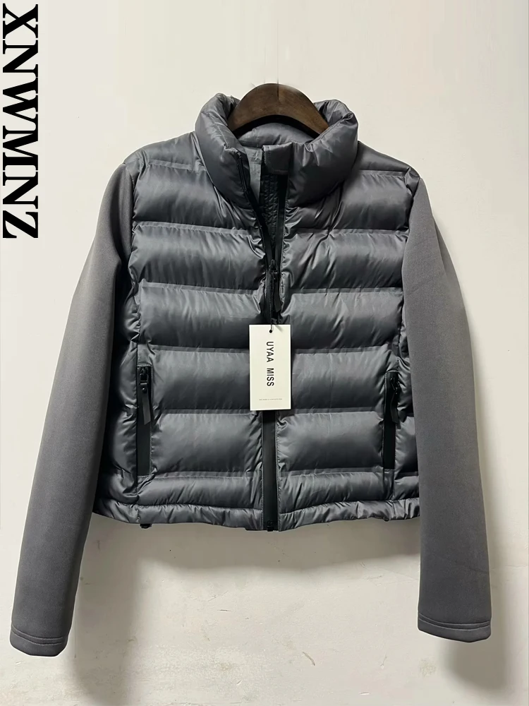 XNWMNZ-Casaco curto acolchoado com emenda de manga comprida feminina, gola alta casual, jaqueta com fecho, moda feminina, outono, inverno, 2023