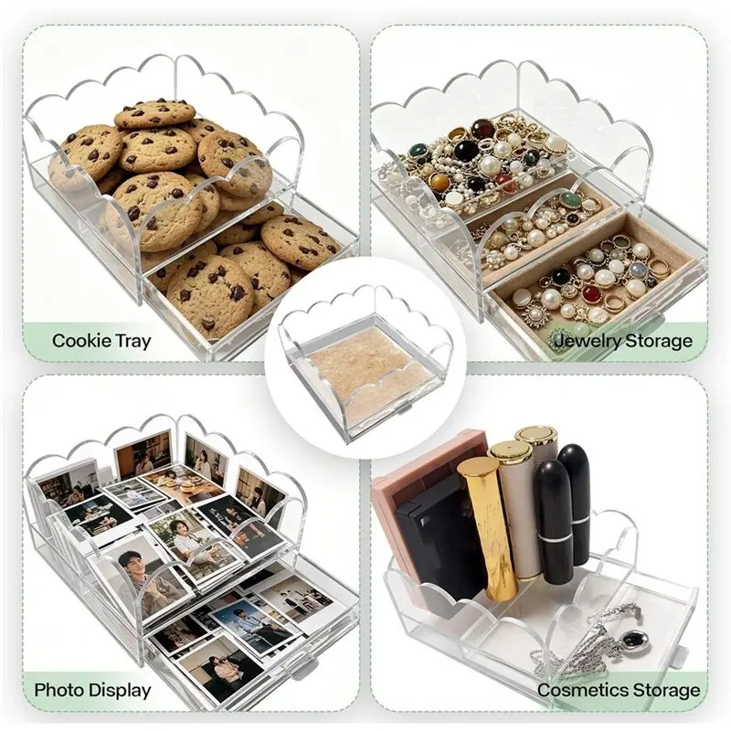 M11K-Scalloped Acrylic Needlepoint Tray With Slide-Out Drawer 4X 4″ Small Clear Display Case For Photos, Art & Embroidery