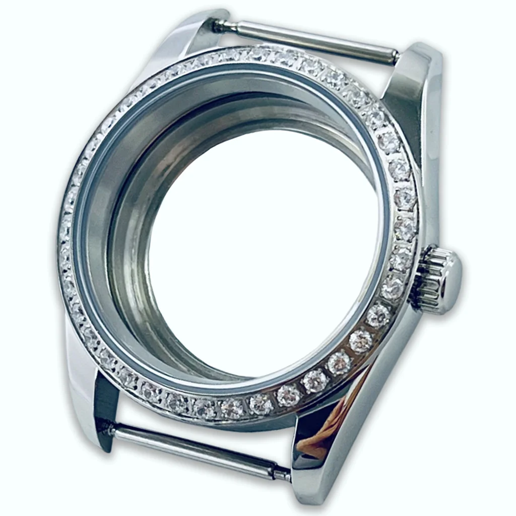 

36mm Silver Watch Case Diamond Bezel Sapphire Crysta Fit NH34 NH35 NH36 NH38 NH39 NH70 NH72 Movement