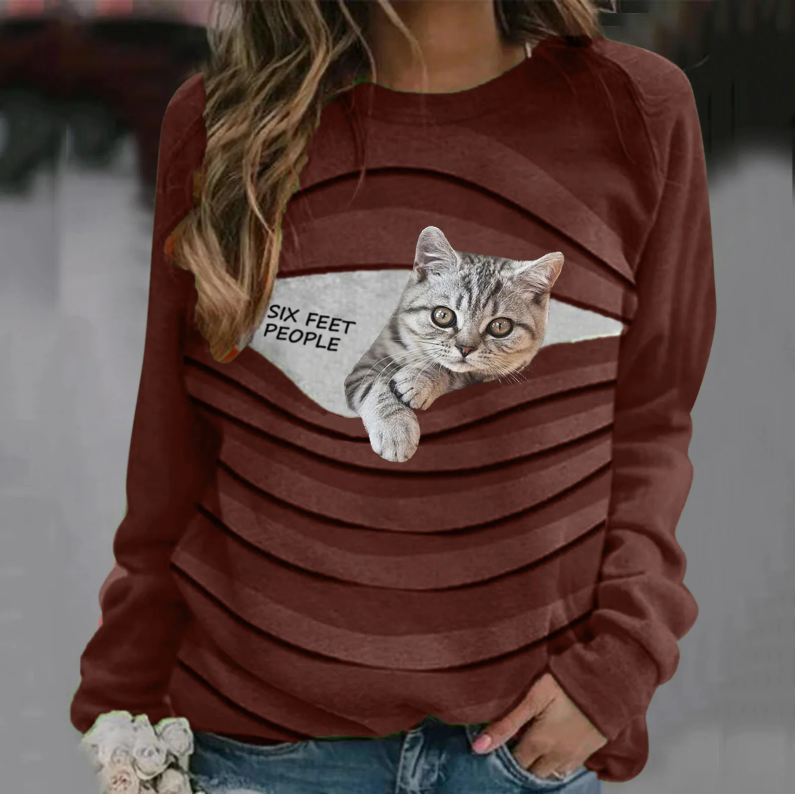 2024 Spring New Pullover Round Neck Funny Printed T-Shirt Long Sleeved Top For Women