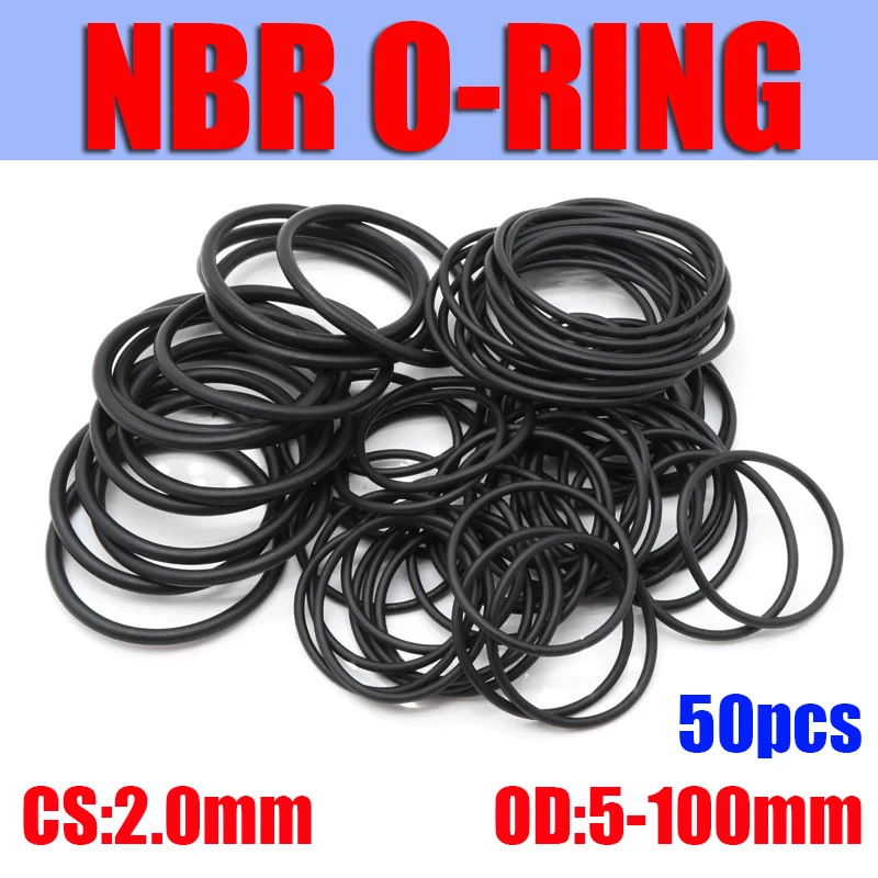 50pc NBR O Ring Seal Gasket Thickness CS 2mm OD 5~100mm Nitrile Butadiene Rubber Spacer Oil Resistance Washer Round Shape Black