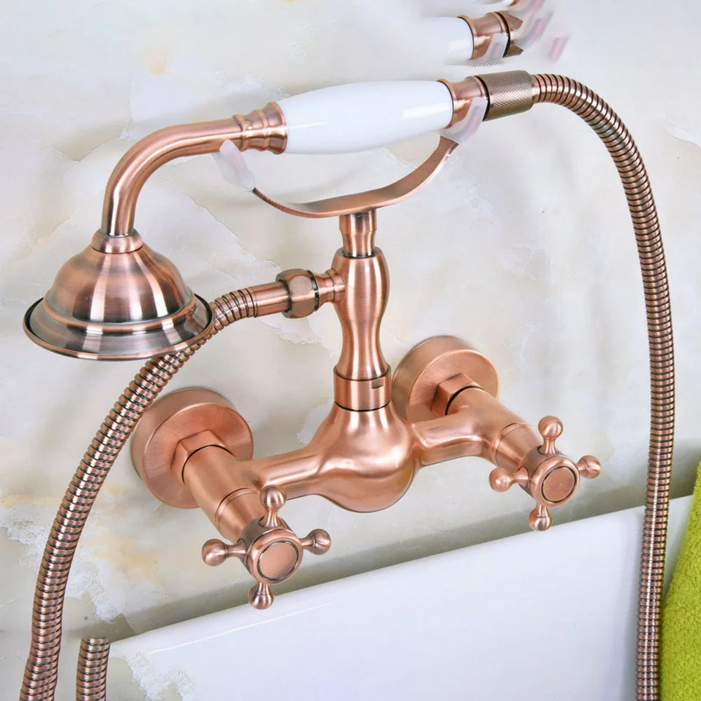 

Antique Red Copper Wall Mounted Bathroom Faucet With Hand Held Shower Head Bathroom Shower Faucet Set Mixer Tap Bna335