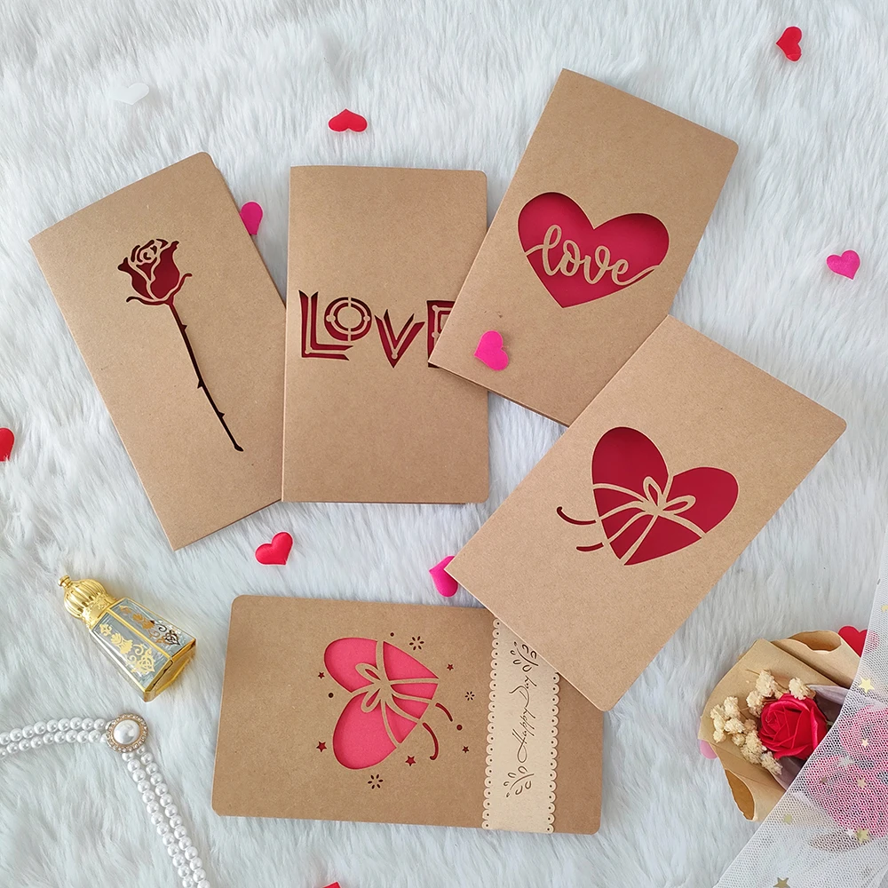 Vintage Kraft Paper Valentine\'s Day Greeting Card with Envelope Cutout Love Heart Rose Mother\'s Day Thank you Card Blessing Gift