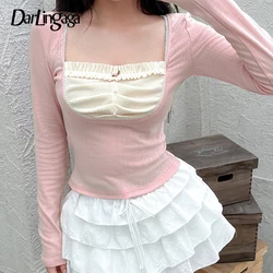 Darlingaga Square Neck Pink Korean Autumn T shirts for Women Patched Folds Sweet Coquette Clothes Cropped Top Tee Cutecore Girls