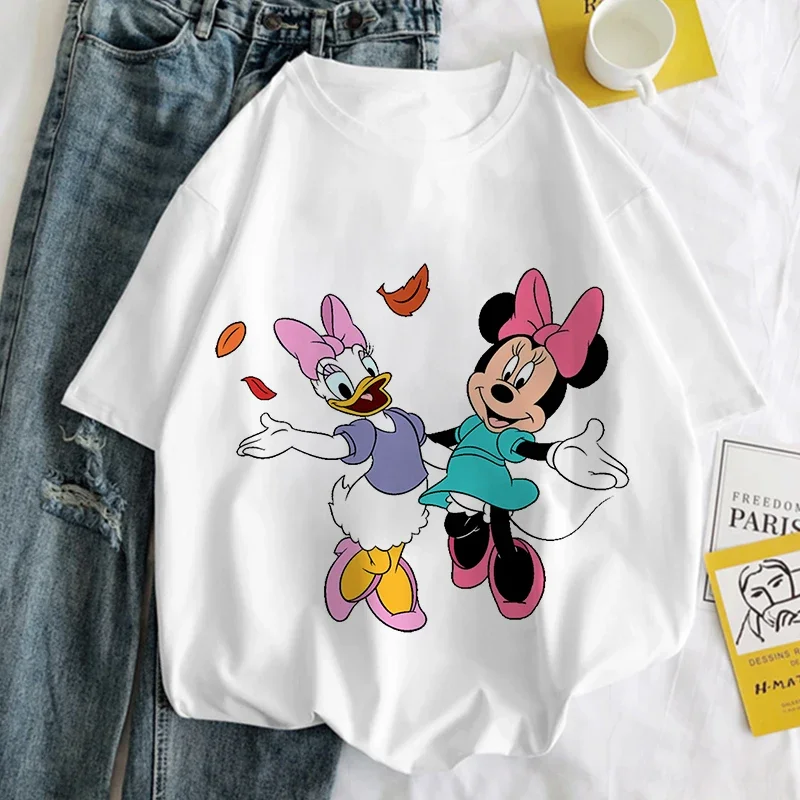 Branco topos pato donald margarida dos desenhos animados impressão camiseta feminina harajuku estética tshirt moda y2k feminino t camisa roupas