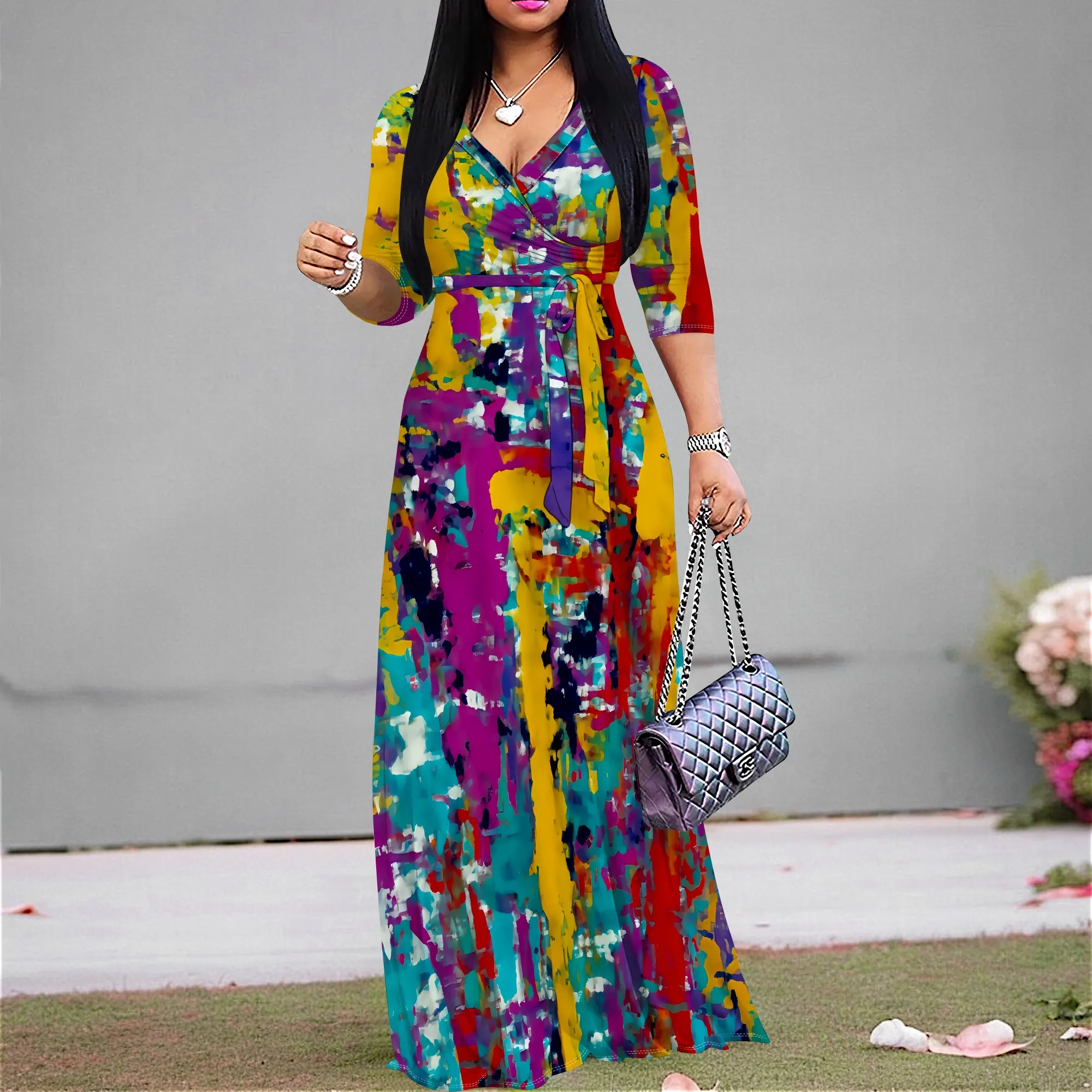 

Colorful Abstract Print Maxi Dress S-3XL V-Neck Wrap Belted Style for Art Festival, Summer Vacation or Beach Party