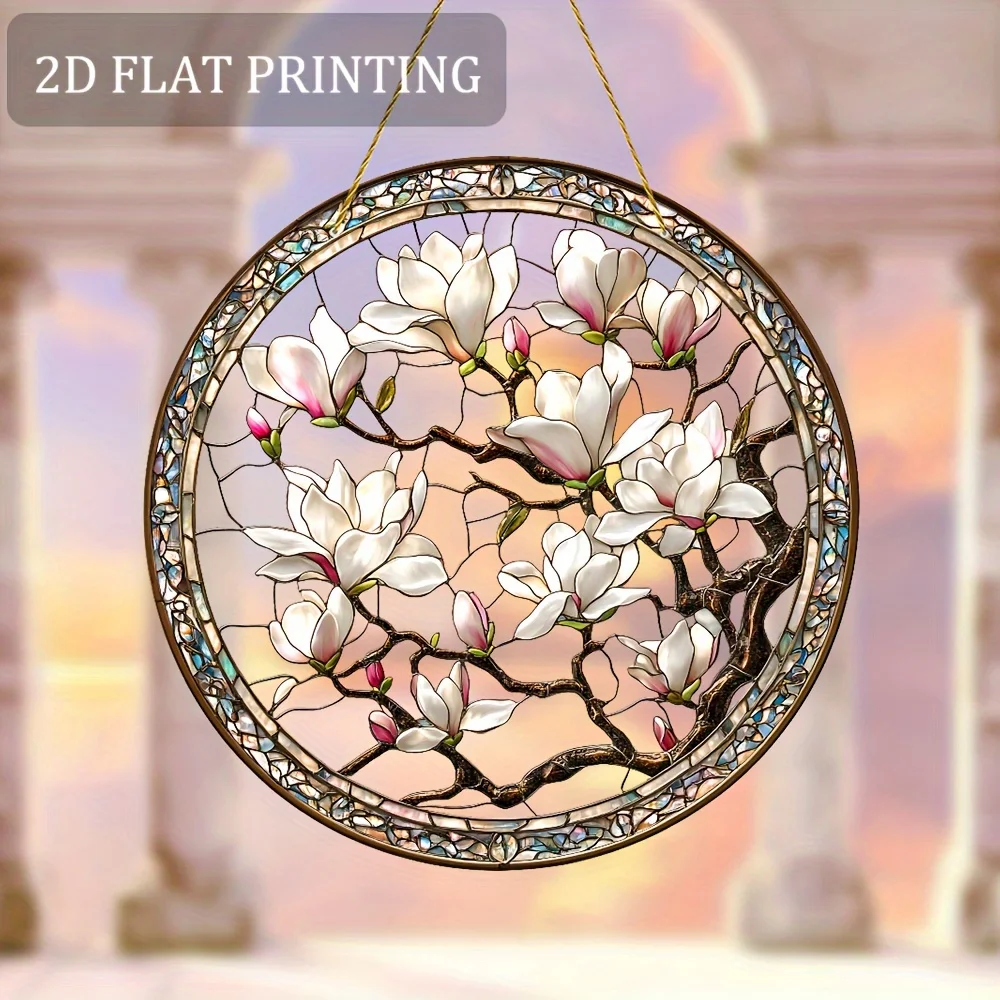 Atrapasueños Plano 2D para Jardín, Atrapasueños Acrílico 2D con Diseño de Glicinia Blanca, Decoración Colgante para Ventana de 9.0" x 9.0", Decoración con Temática Natural para el Hogar