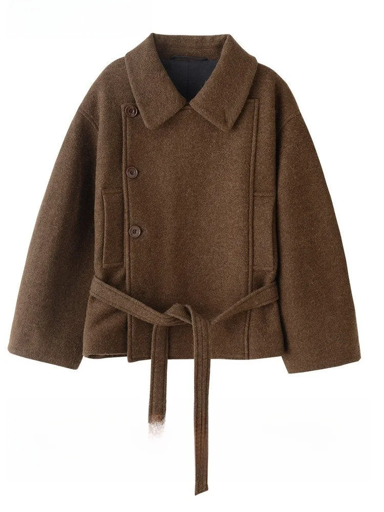 

Pure Woolen ort Coat Young Women's Sle Briti Sle Commute Thiened Long Sve Pure Color No Hat Coat for Winter