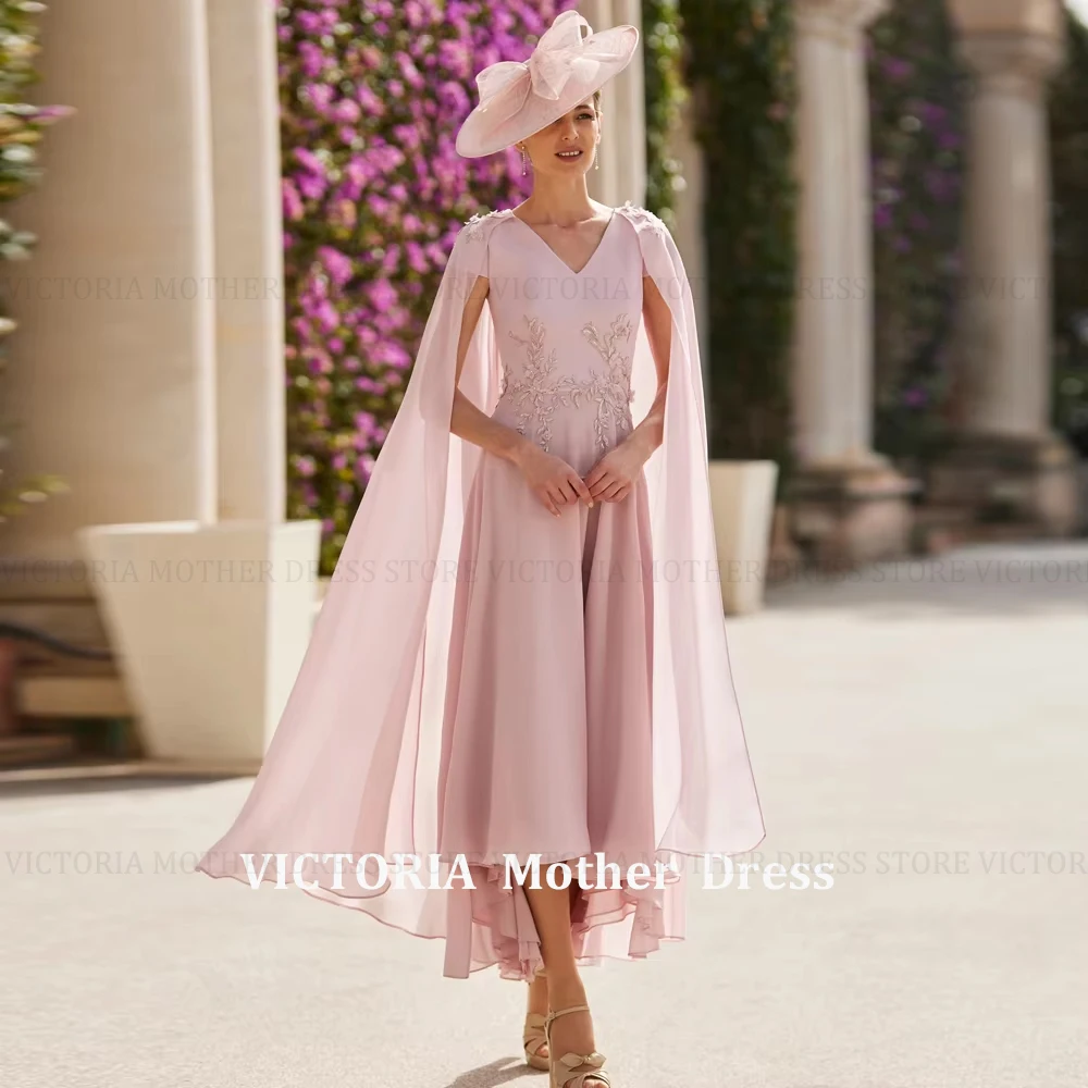 

Customized Elegant Mother of the Bride Dresses V Neck Short Sleeves Wedding Party Gowns Appliques Tea Length Chiffon A-Line