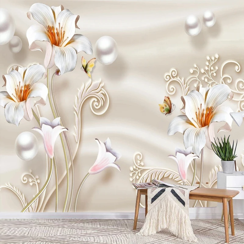 

Custom Large Size Luxury Wallpaper European 3D Lily Flowers Pearl Silk Painting Mural Paper TV Background Wall Decor Home Design