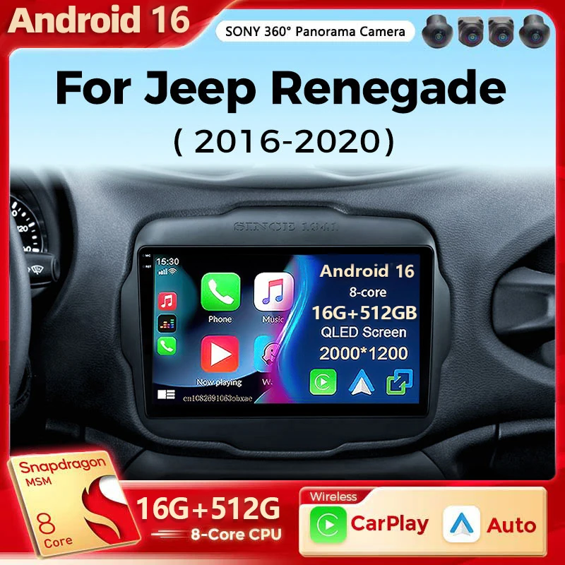 Android 16 Qualcomm Multimedia Player For Jeep Renegade 2016-2020 Carplay Android Auto Car Radio Stereo 4G Wifi 360 Camera BT